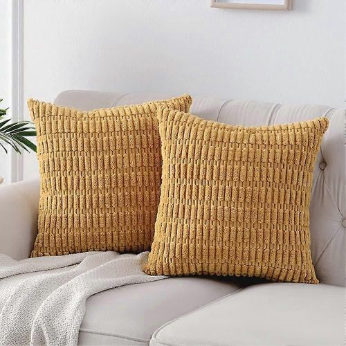 2 paquets de housses de coussin décoratif jaune moutarde 18x18 pouces pour salon canapé lit canapé, toile de velours côtelé rayée douce housse de coussin carrée 45x45 cm, R