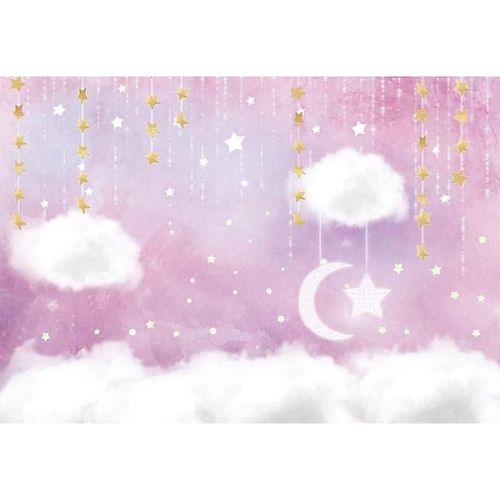 Rose Doux Et Blanc Cloud Photo Studio Toile de fond Princesse Anniversaire Fille Baby Shower Party Décorations Suspendues Étoiles d¿or Scintillant Twinkle Petites étoiles