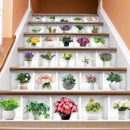 6pcs / set 3D Potted Plant Escalier Escalier Montant Autocollant Sol Auto-Adhésif DIY S