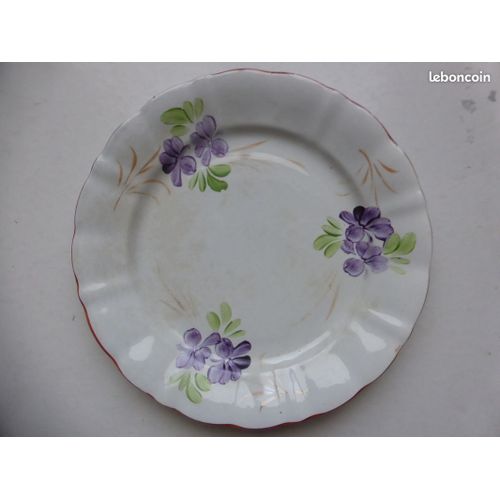 Ancienne Assiette Plate Vintage, Faïence De St Amand, Terre De Fer, Décor De Fleurs Violettes