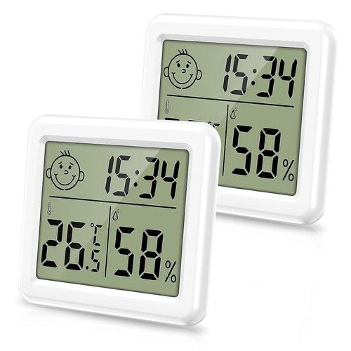 Thermomètre hygromètre intérieur 2PCS, mini thermomètre d¿ambiance avec heure, date / commutable, moniteur de température et d¿humidité alimenté par batterie pour chambre à coucher