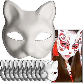 Masque En Papier Blanc Visage De Chat - 10 Pièces, Pulpe Blanc Peint À La Main Masque, Design Personnalisé, Adapté Pour Halloween Déguisements Cosplay Cy-Yuhao