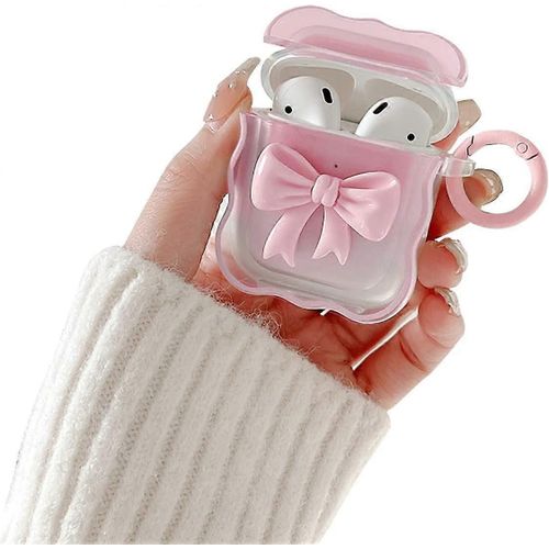 AirPods compatibles Coque de protection TPU transparent doux avec un joli design d¿arc de couleur 3D Couverture de porte-clés antichoc adaptée aux filles Dames Airpods 2 a