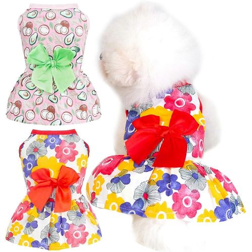 Pack De 2 Petite Robe De Chien Doux Coton D¿Été Chien Vêtements Drôle Drôle Floral Avocat Chiot Princesse Robe Mignon Bowknot Chien Robes (Rouge/Rose, Xs)