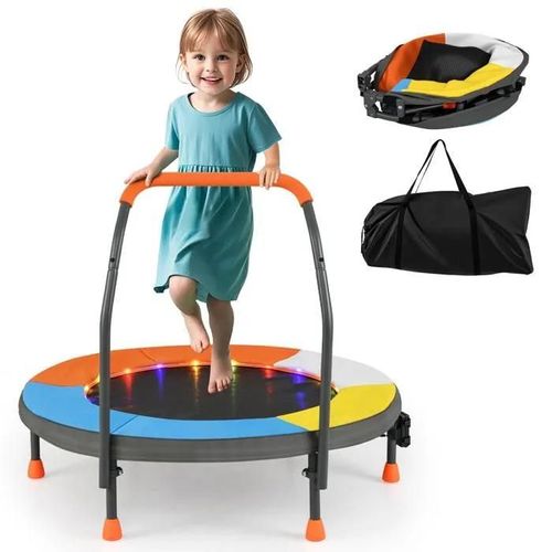 Trampoline Pour Enfants Ø90 Cm Costway Avec 20 Lumières Led Colorées, Pliable, Poignée En Mousse, Housse Rembourrée, 3+ Ans, Bleu