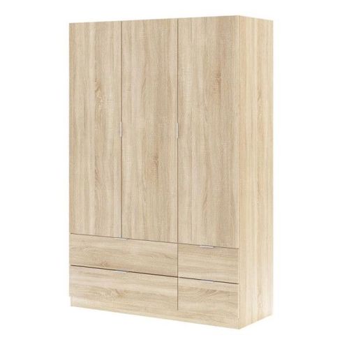 Armoire 3 Portes Battantes + 4 Tiroirs Chêne - Wao - L 135 X L 52 X H 200 Cm