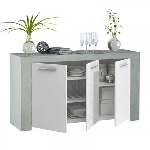 Buffet 3 Portes Blanc/Béton Ciré Clair - Ruinui - Blanc - Bois - L 144 X L 42 X H 80 Cm - Buffet