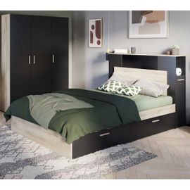 Cadre + Tête De Lit Avec Rangements 140x190/200 Noir/Chêne Clair - Zily - L 145 X L 230 X H 112.5 Cm