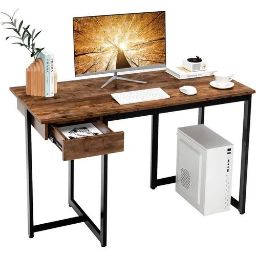 Bureau Informatique - Costway - Cadre En Métal - Tiroir Spacieux - Marron Rustique