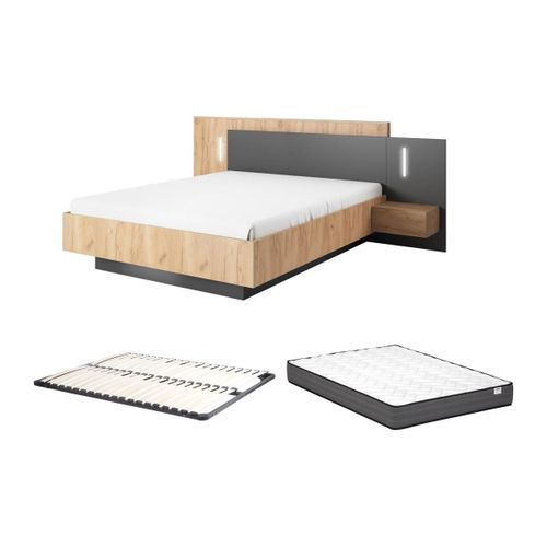 Lit Avec Chevets 160 X 200 Cm - 2 Tiroirs - Avec Leds - Coloris : Naturel Et Anthracite + Sommier + Matelas - Francoli
