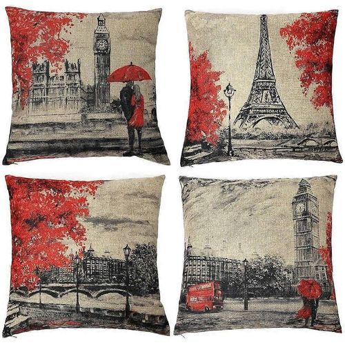 Housses De Coussin 18 X 18 Pouces Noir Et Rouge Couleur Tour Eiffel & Big Ben Taie D¿Oreiller Housse De Coussin Décoratif Pour Doux, Maison, Chambre À Coucher, Intérieur Ou Ou
