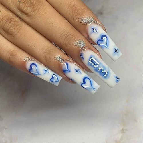Presse Blanche Ongles Extra Long Forme Carrée Colle Mat Sur Les Ongles Bleu Coeur Étoiles Motif Couverture Complète Mignon Designs Acrylique Ballerine Cercueil Ongles Faux Na