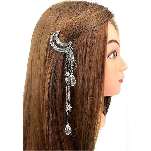 Lune Strass Pompon Avec Perles De Cristal Breloques Pince À Cheveux Épingle Cheveux Chaîne Bijoux Accessoires Pour Cheveux (Argent) 
