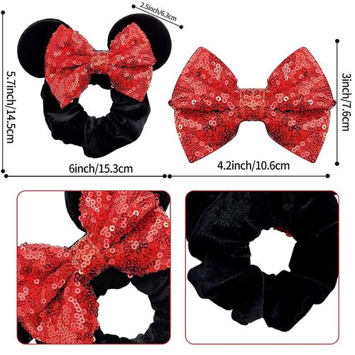 3-Pack Hair Tie Mouse Ear Bow Hair Tie, Sequin Bow Velvet Elastic Rubber Hair Accessory, Cord Ponytail Holder Headband For Women Girls (Noir + Rouge + Rose