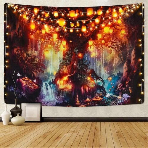 UBIUO Fantasy Forest tapisserie arbre de vie magique Tapisserie Lanternes mystiques brillantes Tapisserie cascades sous ancien arbre enchanté tapisserie pour Ro
