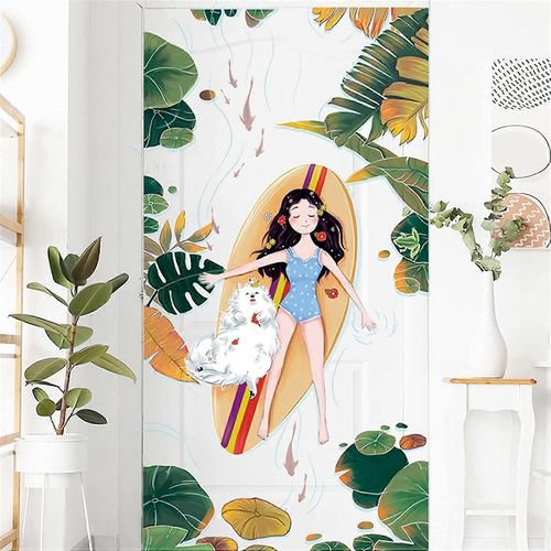 feuille tropicale feuilles vertes fille piscine chien stickers muraux monstera deliciosa liebm palmier feuille plantes autocollants muraux chambre salon tv porte murale dec