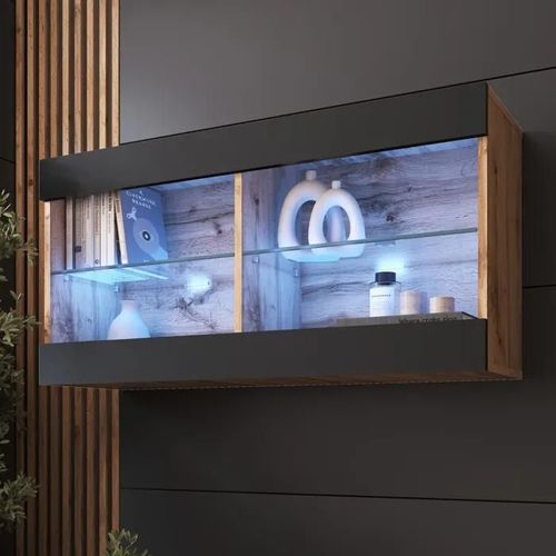 Komodee Vitrine Suspendue Horizontal Tivoli - Noir Wotan - 100 X 50 X 29 Cm - Led Bleues