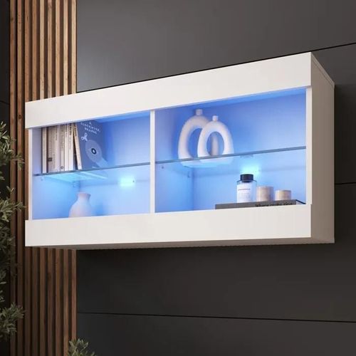 Komodee Vitrine Suspendue Horizontal Tivoli - Blanc Blanc - 100 X 50 X 29 Cm - Led Bleues