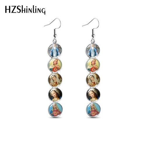 Boucles D'oreilles À Motif De La Vierge Marie, Bijoux Pour Filles, Longs Pendentifs En Verre, Cabochon, Goutte D'eau, Crochet
