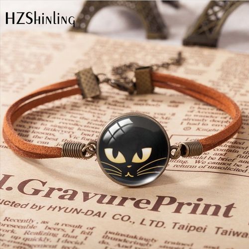 Bracelet En Cuir Motif Chat Noir Grands Yeux De Dessin Animé, Cabochon En Verre, Accessoires D'art, Cadeau De Bijoux De Mode, Nouveau, 2023