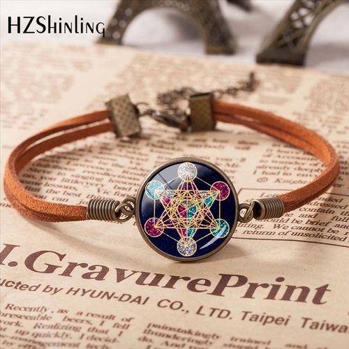 Metatron-Bracelet Pendentif Cube, Bijoux Chakra, Cuir Spirituel, Verre, Bijoux Avant, Géométrie Sacrée, Fleur De Vie, 2020
