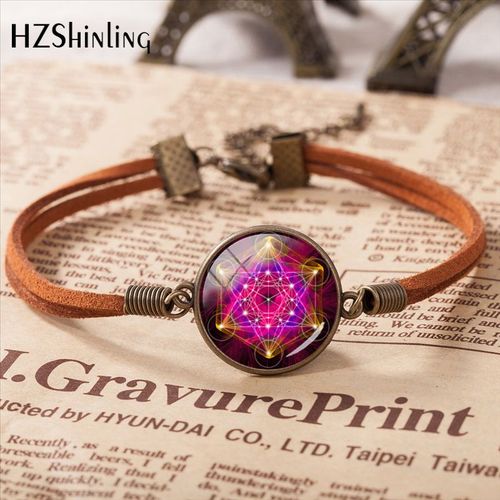 Metatron-Bracelet Pendentif Cube, Bijoux Chakra, Cuir Spirituel, Verre, Bijoux Avant, Géométrie Sacrée, Fleur De Vie, 2020