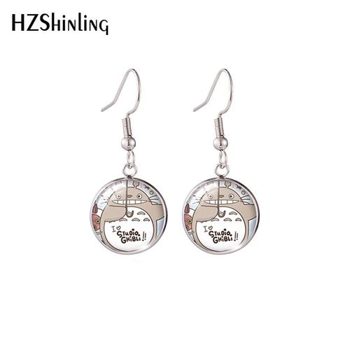 Boucles D'oreilles Rondes En Acier Inoxydable, Motif De Dessin Animé Ponyo, Cabochon En Verre, Pendentif Goutte, Bijoux