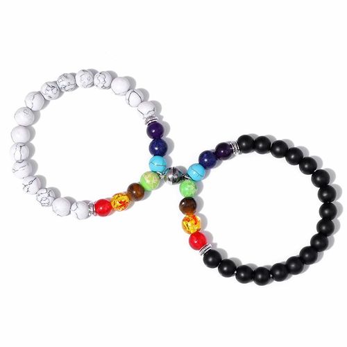 Bracelet En Pierre Naturelle Howlite 7 Chakra, 2 Pièces, Breloque En Onyx Noir, Bijoux Pour Couple, Femmes, Hommes, Amoureux, Cadeau Pour Ami