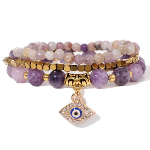 Bracelet Mauvais ¿Il Turc Chanceux Pour Hommes Et Femmes, Bracelets En Pierre De Mica Violet Naturel, Protection Des Bijoux, Ensemble De 3 Pièces