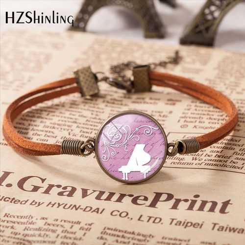 Bracelet De Grand Piano En Cuir, Bijoux Faits À La Main, Pendentifs En Verre, Musique, Cadeau Pour Fille, 2020