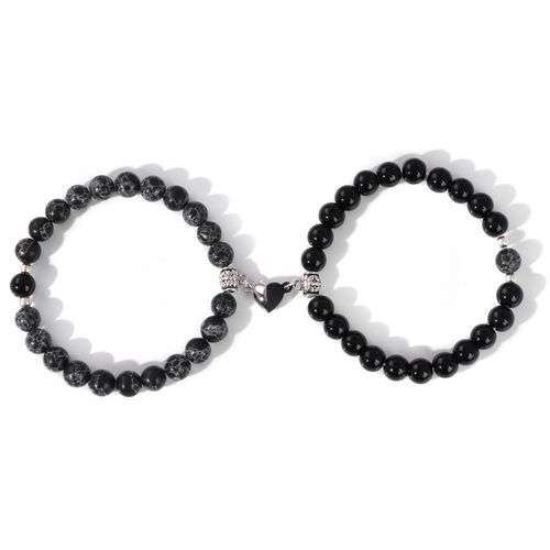 Bracelets Perlés En Pierre Naturelle, 2 Pièces/Ensemble, Onyx Noir, En Forme De C¿Ur Magnétique, Bijoux D'amitié Pour Amoureux, Offre Spéciale