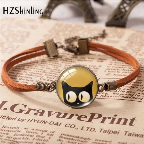 Bracelet En Cuir Motif Chat Noir Grands Yeux De Dessin Animé, Cabochon En Verre, Accessoires D'art, Cadeau De Bijoux De Mode, Nouveau, 2023
