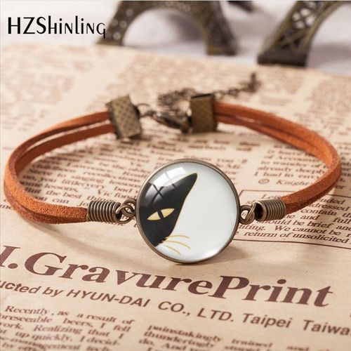 Bracelet En Cuir Motif Chat Noir Grands Yeux De Dessin Animé, Cabochon En Verre, Accessoires D'art, Cadeau De Bijoux De Mode, Nouveau, 2023