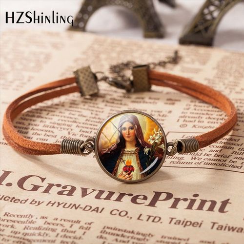 Bracelet En Cuir Avec Cabochon En Verre, Pendentif Religieux, Accessoires De Bijoux, Vierge, Marie, Jésus, Mère, Bébé, 2020
