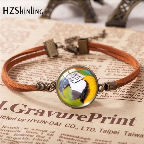 Bracelet En Cuir Motif Perroquet Jaune, Accessoires D'art, Cabochon En Verre, Cadeau De Bijoux De Mode, Nouveau, 2023