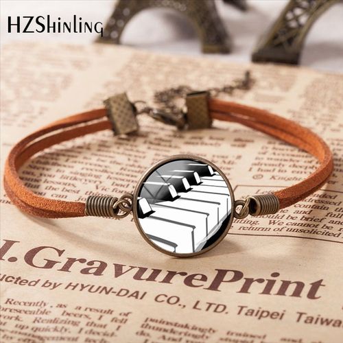 Bracelet De Grand Piano En Cuir, Bijoux Faits À La Main, Pendentifs En Verre, Musique, Cadeau Pour Fille, 2020