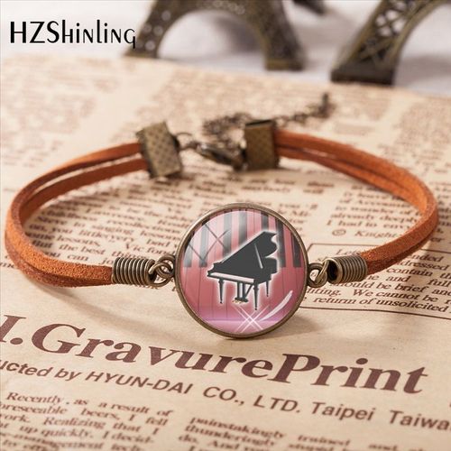 Bracelet De Grand Piano En Cuir, Bijoux Faits À La Main, Pendentifs En Verre, Musique, Cadeau Pour Fille, 2020