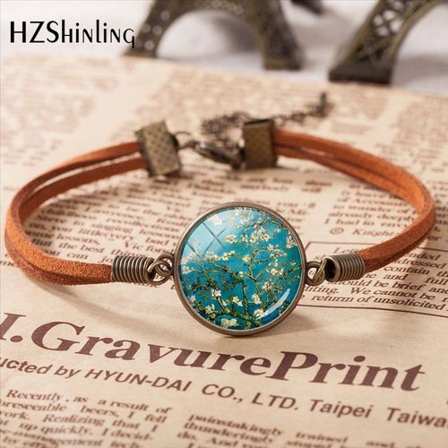 Van Gogh Amand Branch In Bloom Art Pendentif Bracelet En Cuir, Cabochon En Verre De Peinture Célèbre, Accessoires, Vente Chaude, 2020