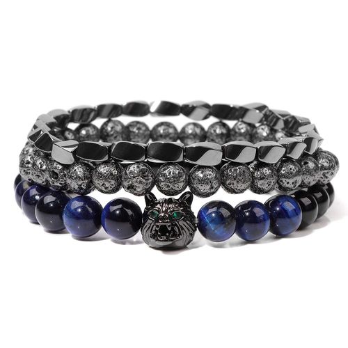 Bracelet À Breloques De Loup Pour Hommes, Ensemble De Bijoux En Pierre Naturelle, ¿Il De Tigre Perlé, Hématite, Punk, Cool, À La Mode