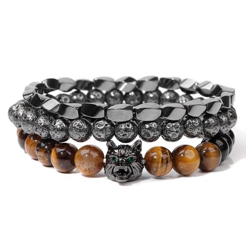 Bracelet À Breloques De Loup Pour Hommes, Ensemble De Bijoux En Pierre Naturelle, ¿Il De Tigre Perlé, Hématite, Punk, Cool, À La Mode