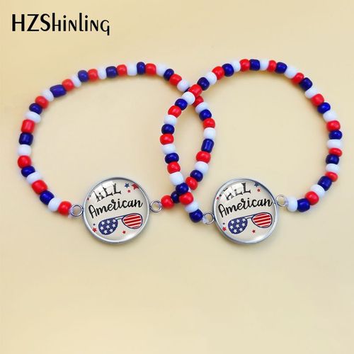 Bracelet Boho En Perles De Rocaille De Couleur, Style Drapeau Américain, Pendentifs En Dôme De Verre, Bijoux À La Mode