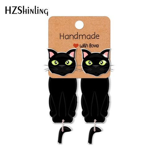 Boucles D'oreilles Chats Noirs, Yeux Verts Pour Femmes, Clip En Acrylique, En Résine Epoxy, Bijoux