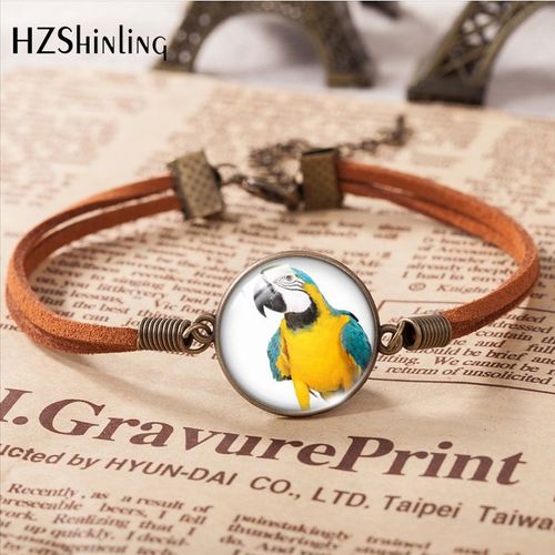 Bracelet En Cuir Motif Perroquet Jaune, Accessoires D'art, Cabochon En Verre, Cadeau De Bijoux De Mode, Nouveau, 2023