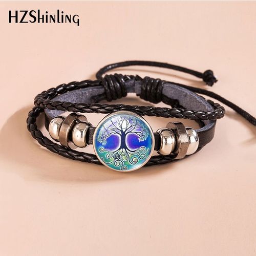 Bracelet À Bouton-Pression Arbre De Vie Pour Hommes, Cabochon En Verre, En Cuir, À Lacets, Bouton Réglable, Offre Spéciale