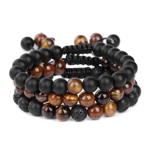 Bracelets Réglables En Pierre Naturelle Pour Hommes Et Femmes, Ensemble De 3 Pièces, Perles, Onyx Noir, Pierre De Lave, Bijoux De Yoga, Cadeau