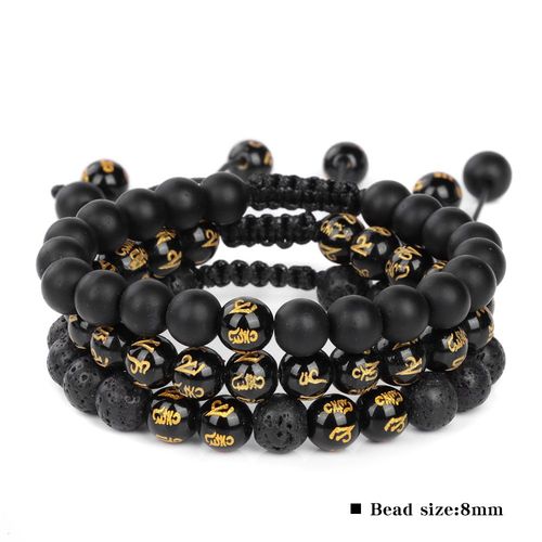 Bracelets Réglables En Pierre Naturelle Pour Hommes Et Femmes, Ensemble De 3 Pièces, Perles, Onyx Noir, Pierre De Lave, Bijoux De Yoga, Cadeau