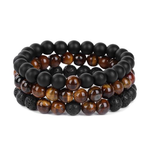 Bracelets Perlés En Pierre De Lave Onyx Pour Femmes Et Hommes, 3 Pièces/Ensemble, Noir, Blanc, Naturel, Guérison Énergétique, Bijoux Cadeau