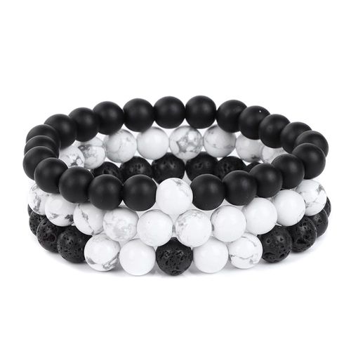 Bracelets Perlés En Pierre De Lave Onyx Pour Femmes Et Hommes, 3 Pièces/Ensemble, Noir, Blanc, Naturel, Guérison Énergétique, Bijoux Cadeau