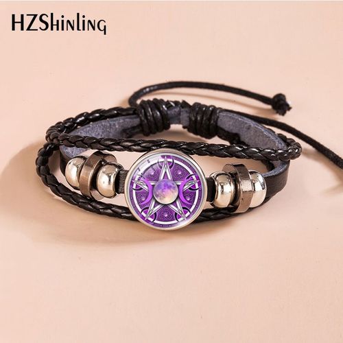 Bracelet En Cuir Avec Cabochon En Verre, Violet, Croissant De Lune, Pentacle Arts, À Lacets, Réglable, Pour Hommes