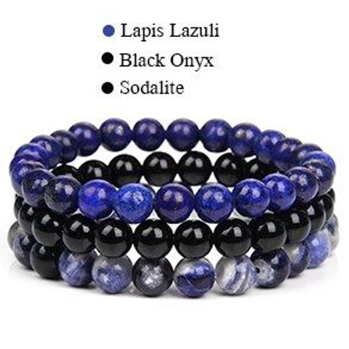 Ensemble De Bracelets En Perles De Pierre Naturelle Pour Hommes Et Femmes, Bracelet En Onyx Noir, Bracelet En Agates, Ulélastique, Cadeau De Bijoux, Mode, 3 Pièces